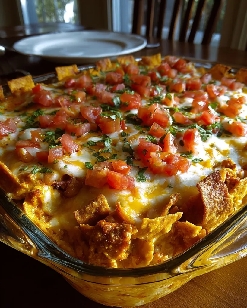 family-style Mexican Dorito casserole baked in a large glass dish