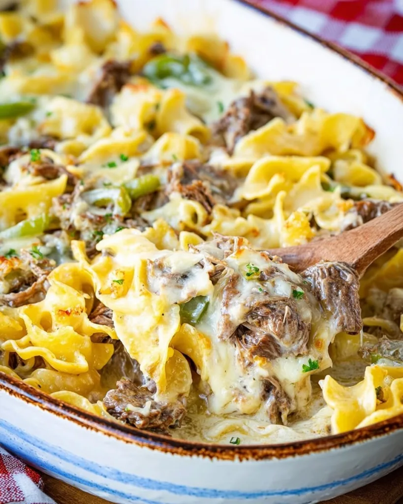 How to make Philly cheesesteak casserole with egg noodles and provolone