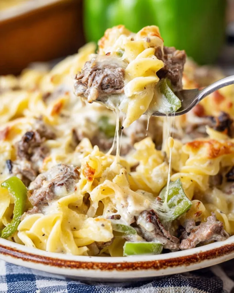 Forkful of cheesy Philly cheesesteak casserole with peppers and beef