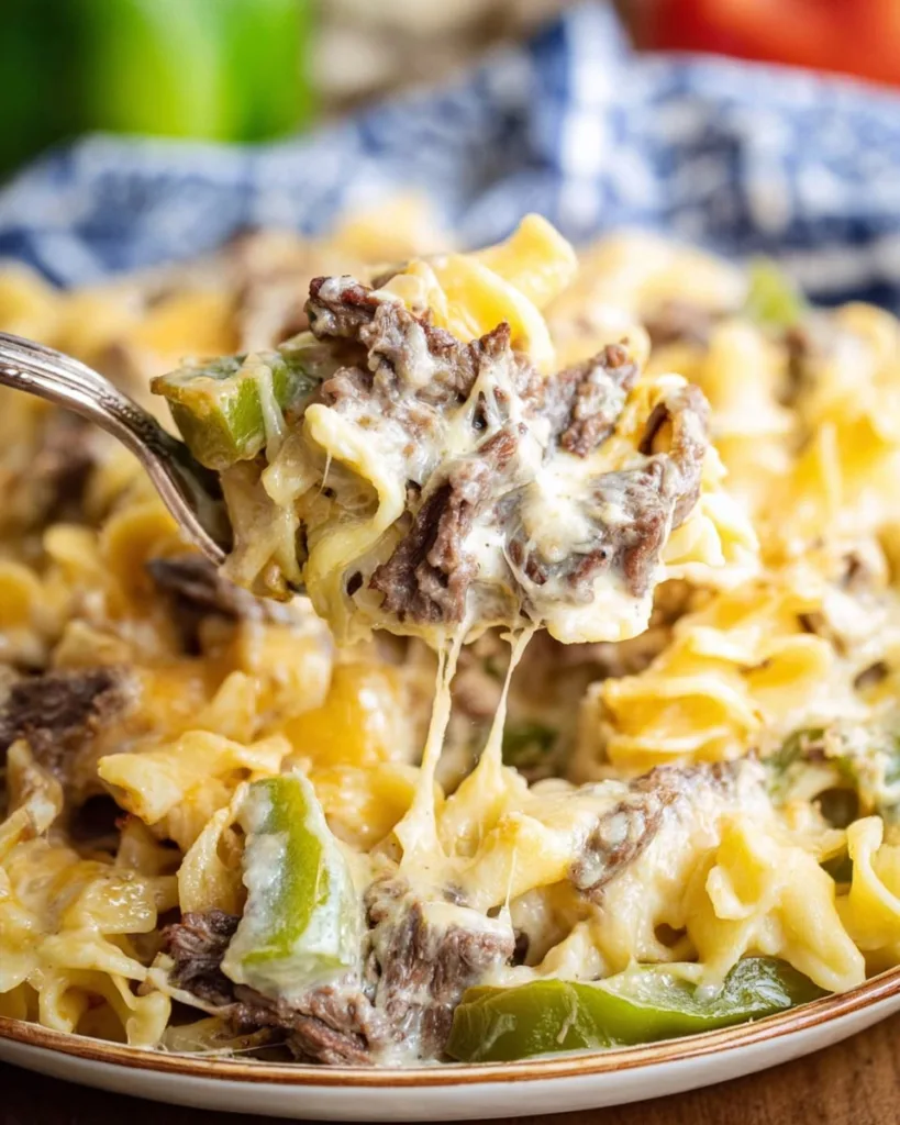 Serving Philly cheesesteak casserole with gooey cheese and peppers