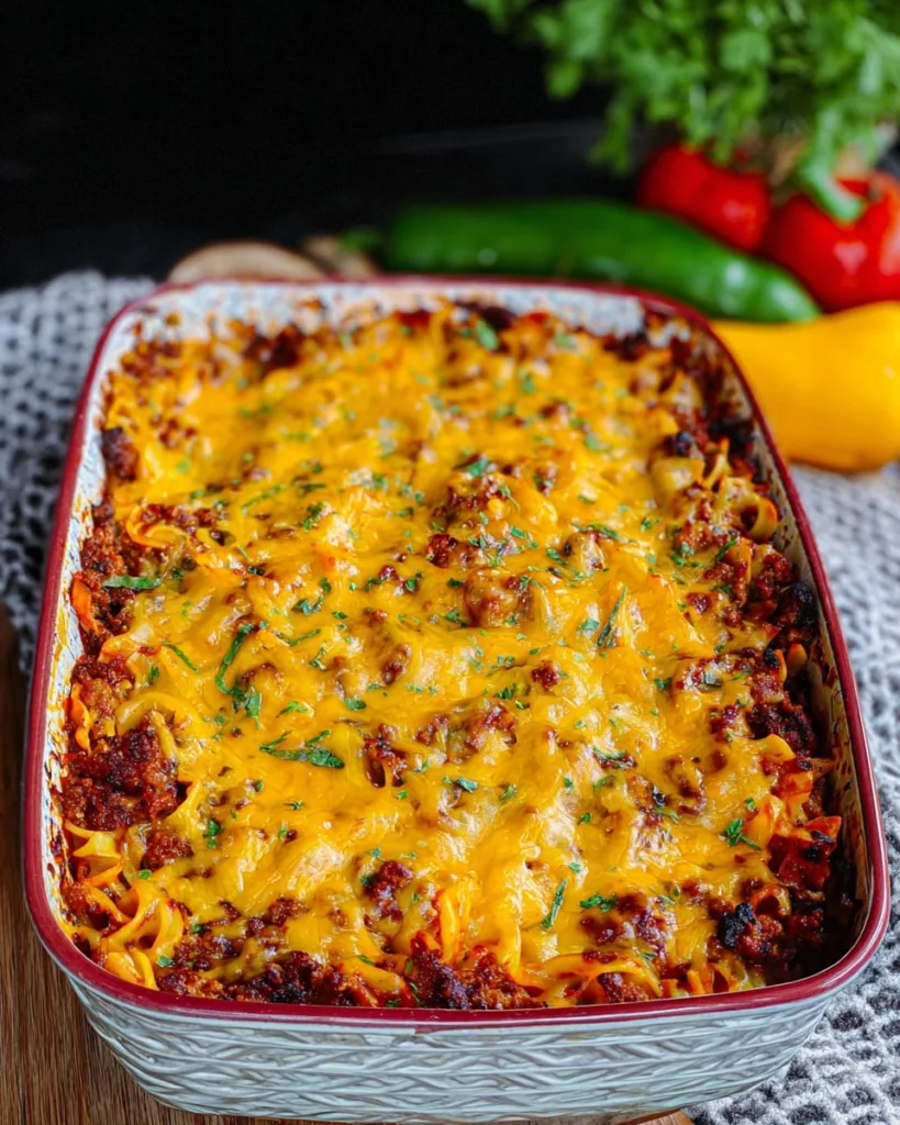 Cheesy poor man casserole baked in a red ceramic pan