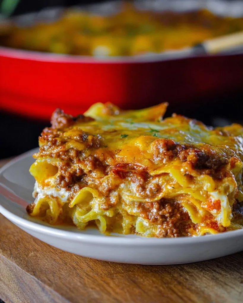 Plated serving of Poor Man Husband Casserole with cheese and meat layers