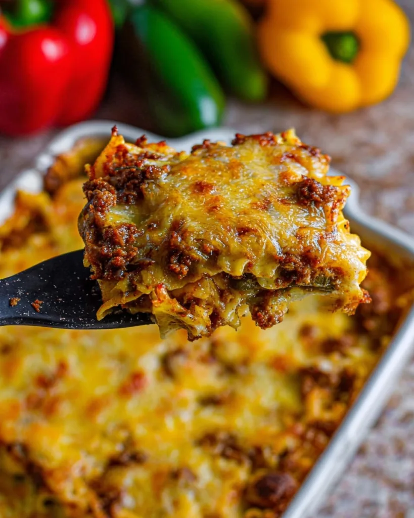 Scooping a portion of Poor Man Husband Casserole with melted cheese