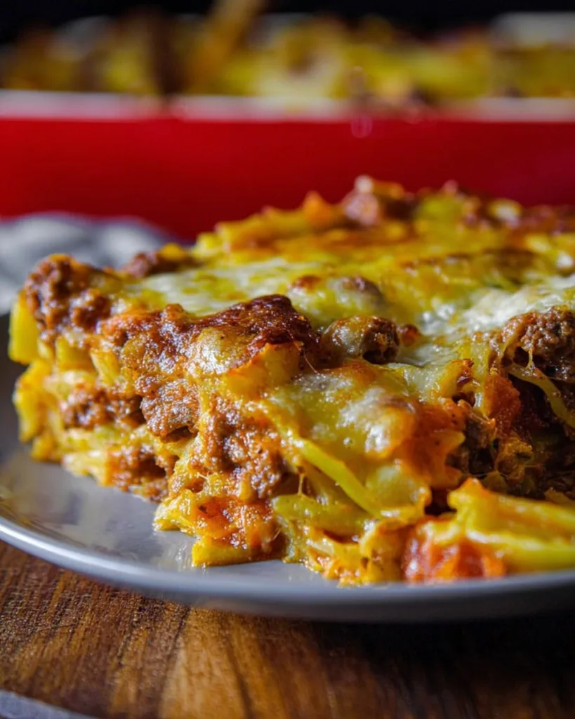 Close-up of cheesy Poor Man Husband Casserole layers on a plate