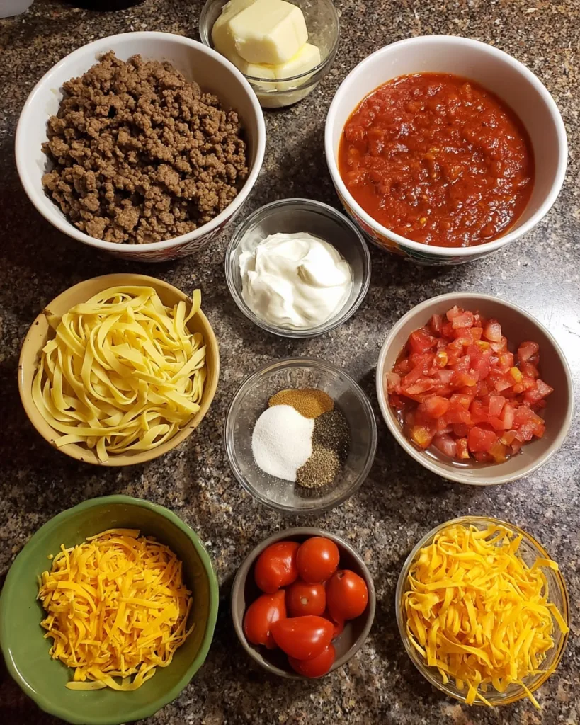 Ingredients for Poor Man Husband Casserole laid out on a countertop