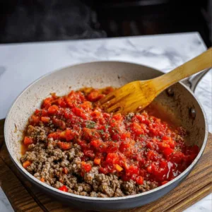 Ground beef and tomato sauce cooking in a skillet for Poor Man Husband Casserole