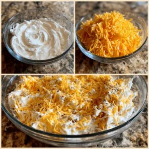 Mixing sour cream and shredded cheddar cheese for casserole topping