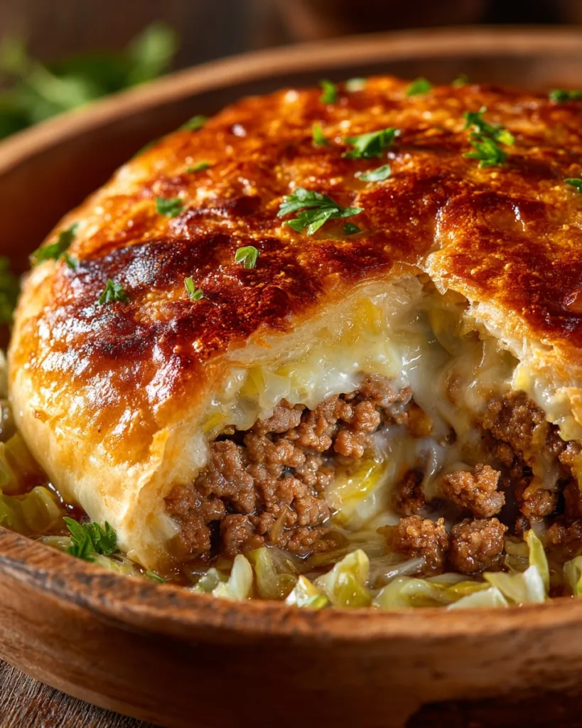 Baked Runza casserole with crispy top crust and parsley garnish