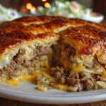 Close-up of Runza casserole sliced open, showing beef, cabbage, and melted cheese
