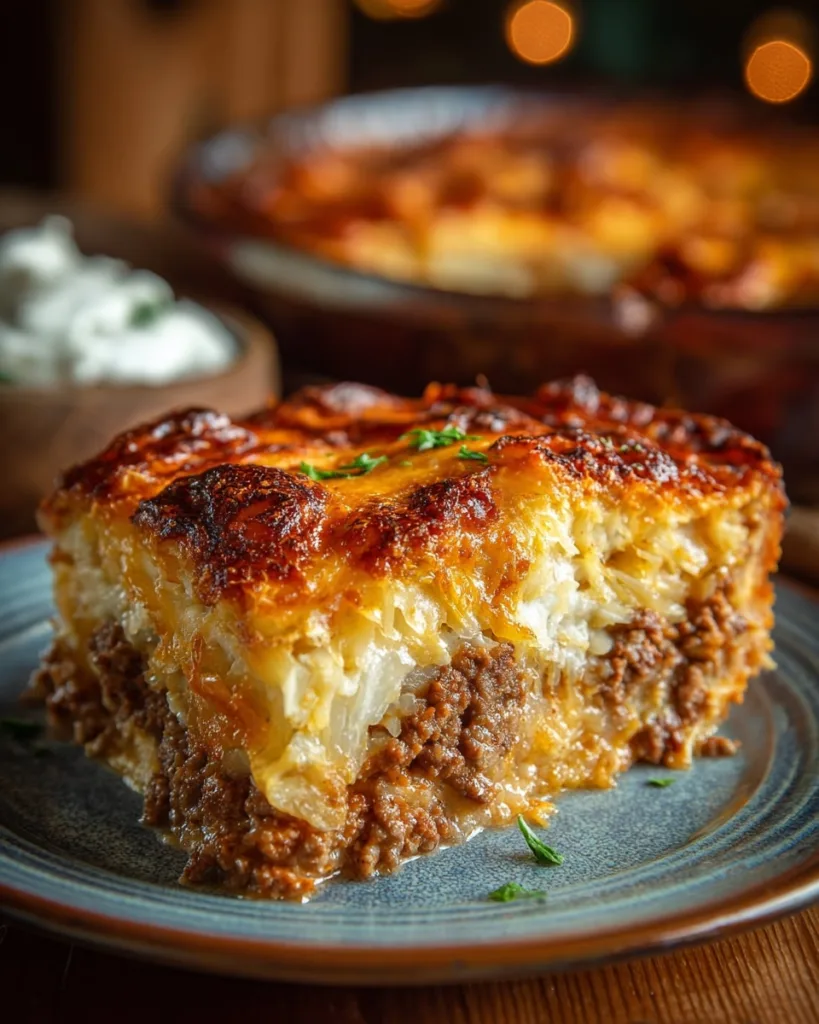 Square piece of Runza casserole with beef and cabbage layers