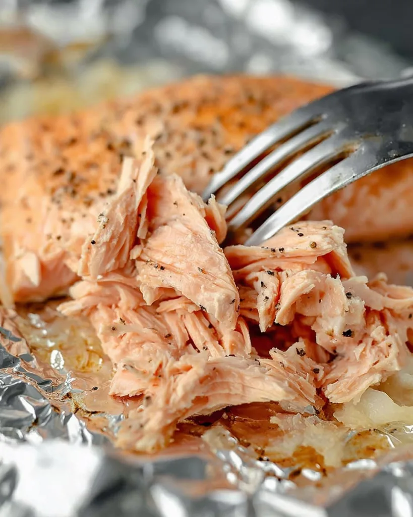 cooked salmon being flaked with fork on foil