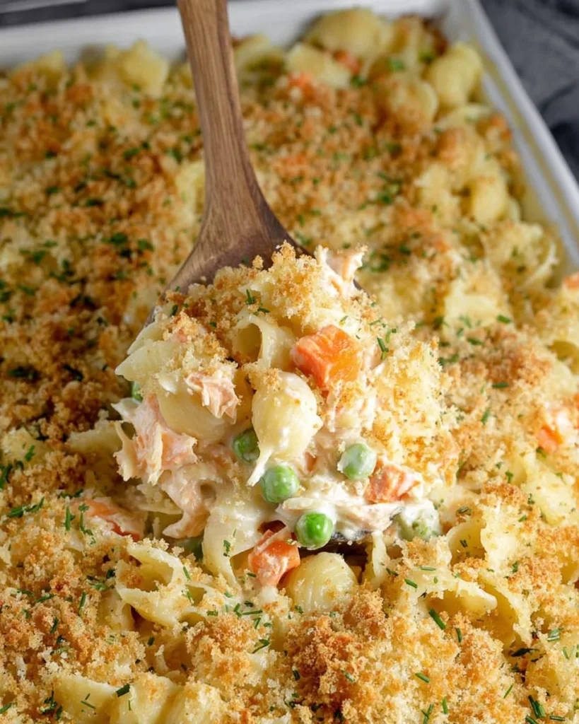 freshly baked salmon casserole with golden cracker topping