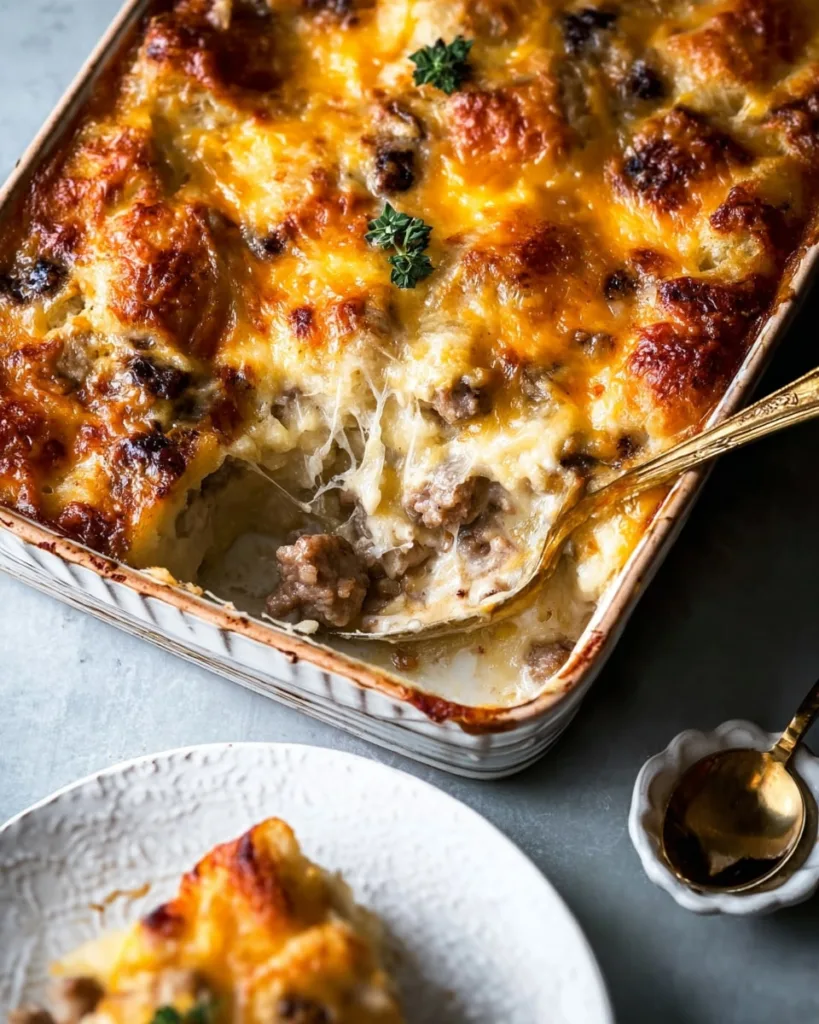 Step-by-step view of sausage gravy casserole with cheese pull