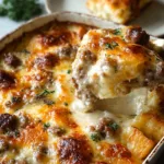 Hot sausage gravy casserole with golden melted cheese being served