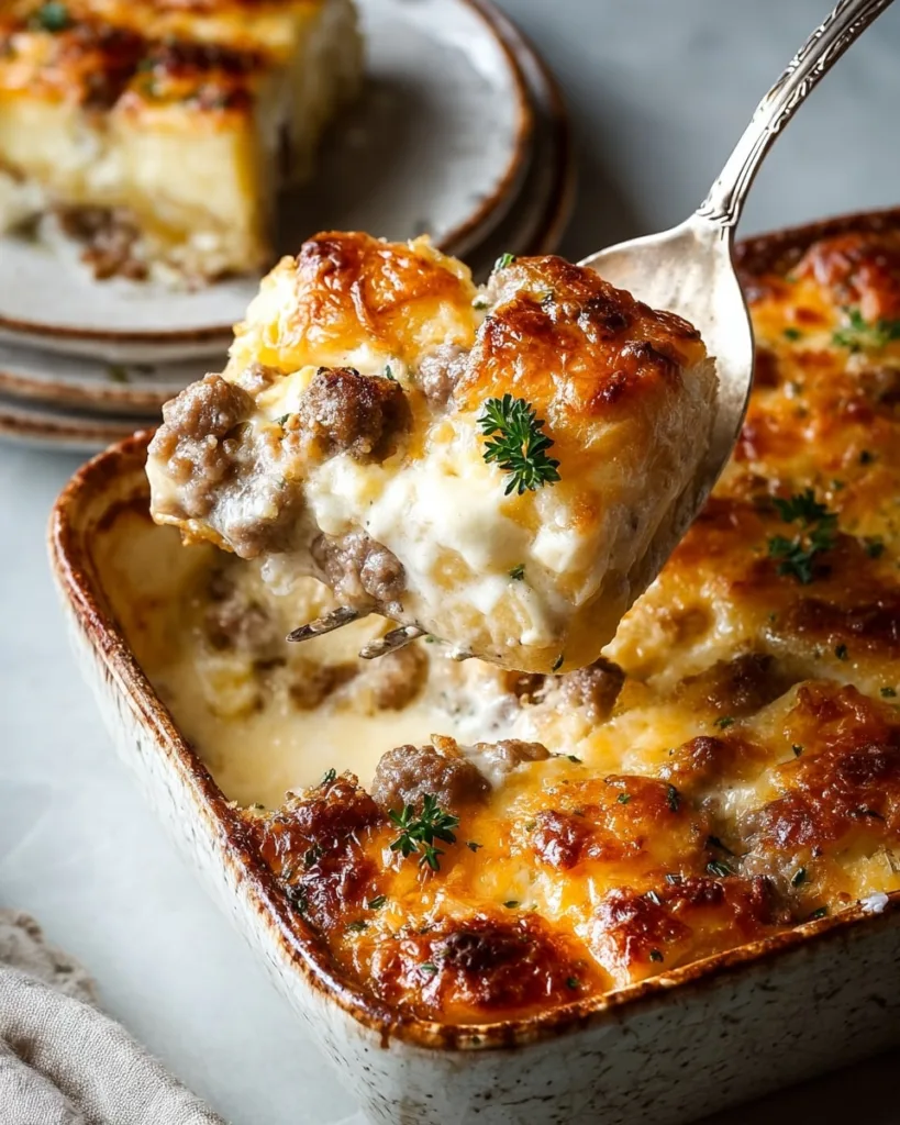 Close-up of sausage gravy casserole slice on a serving spoon