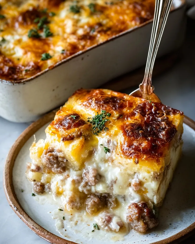 Plated serving of sausage gravy casserole with golden top