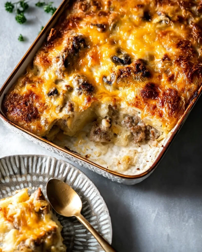 Easy breakfast casserole with sausage and gravy in baking dish