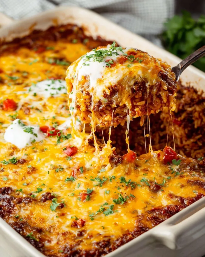 Freshly baked taco rice casserole topped with sour cream and herbs