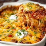 Cheesy taco rice casserole being scooped from a baking dish