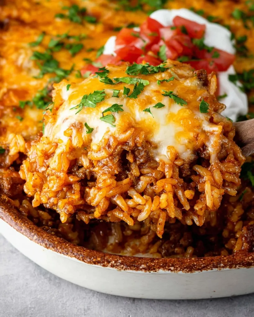 A spoonful of ground beef taco rice bake lifted from the casserole