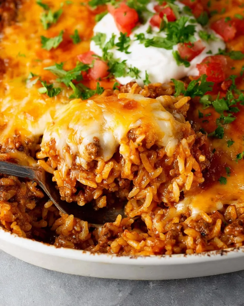 Cheesy taco casserole with sour cream and chopped tomatoes on top
