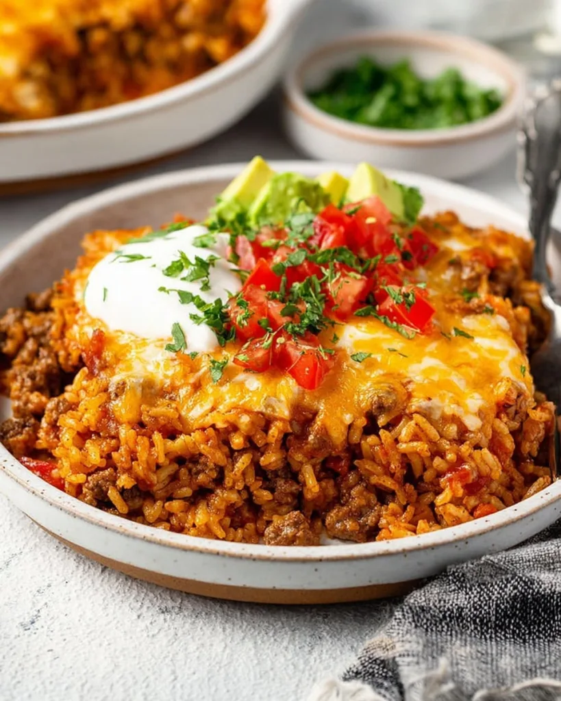 Plated taco rice casserole with sour cream, avocado, and tomatoes