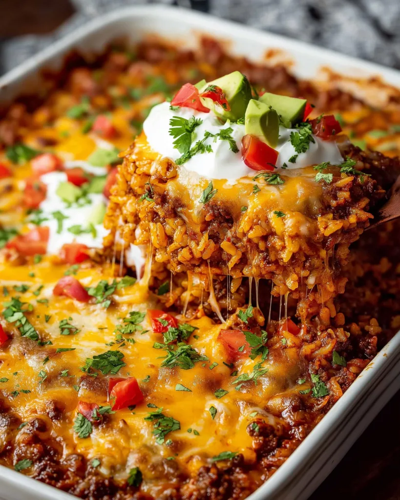 Close-up of cheesy taco rice casserole topped with fresh herbs