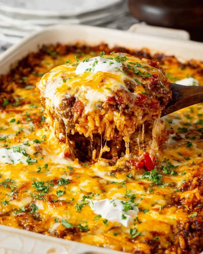 Mexican taco rice casserole with avocado and sour cream topping