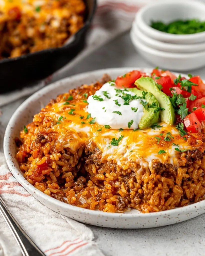 A serving of taco rice casserole plated with toppings