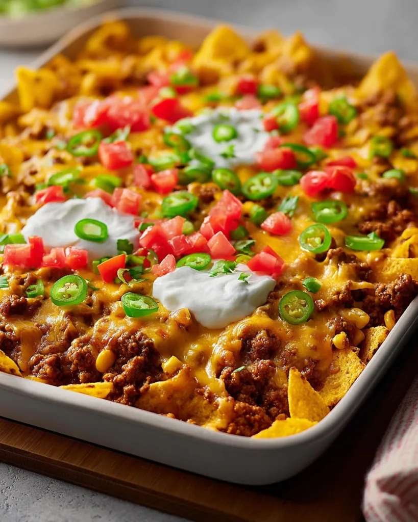 close-up of taco bake with corn chips, ground beef, and melted cheese