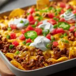 Walking taco casserole topped with sour cream, tomatoes, jalapeños, and green onions