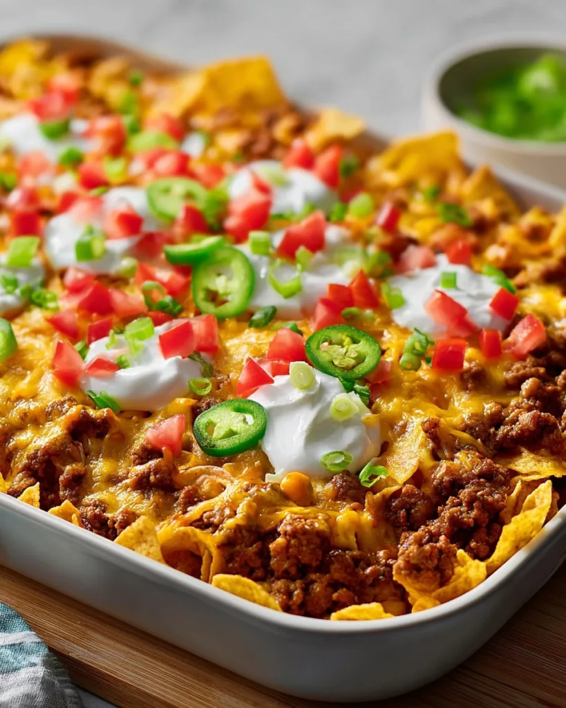step-by-step image of assembled walking taco casserole before baking