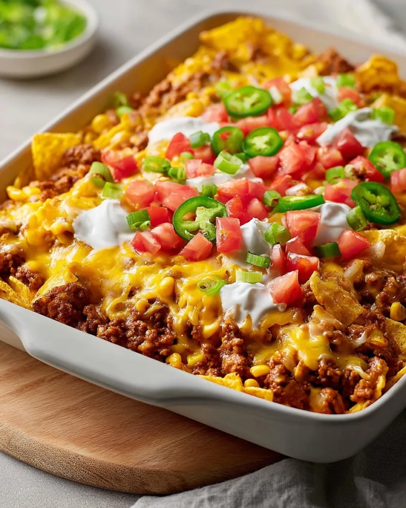 baked walking taco casserole with golden cheese and colorful toppings