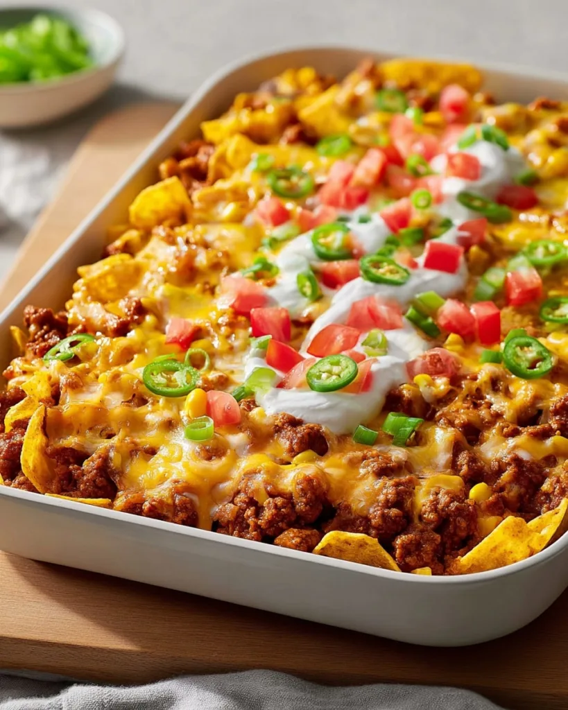 cheesy ground beef casserole with Fritos and creamy toppings