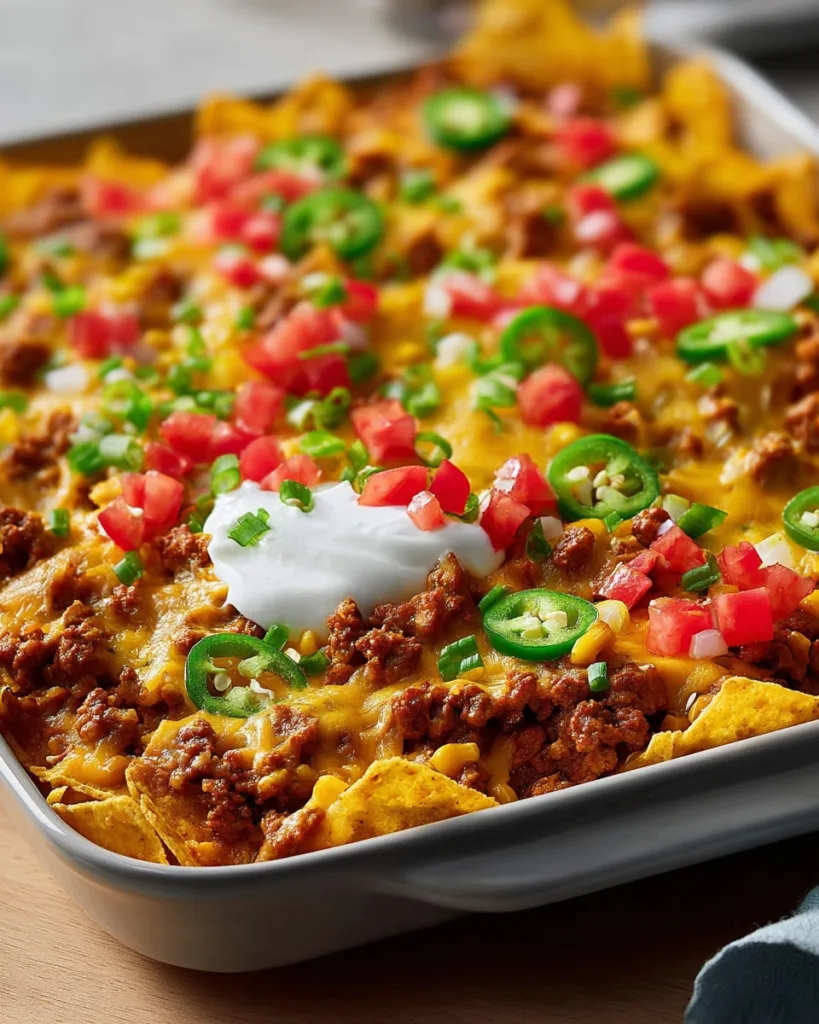 close-up of ground beef taco casserole with fresh jalapeños and tomatoes