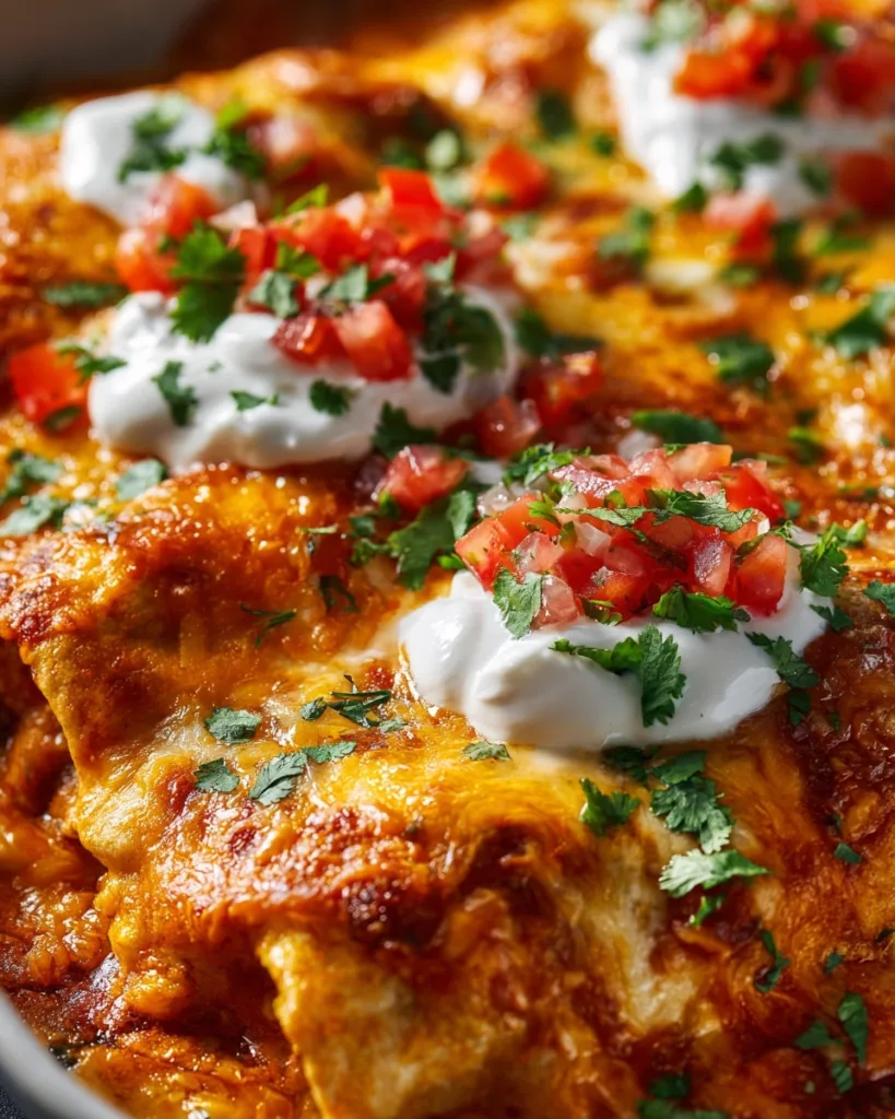 Close-up of Frozen Burrito Casserole topped with sour cream, salsa, and fresh cilantro.