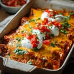Frozen Burrito Casserole baked with melted cheese, sour cream, salsa, and cilantro in a baking dish.