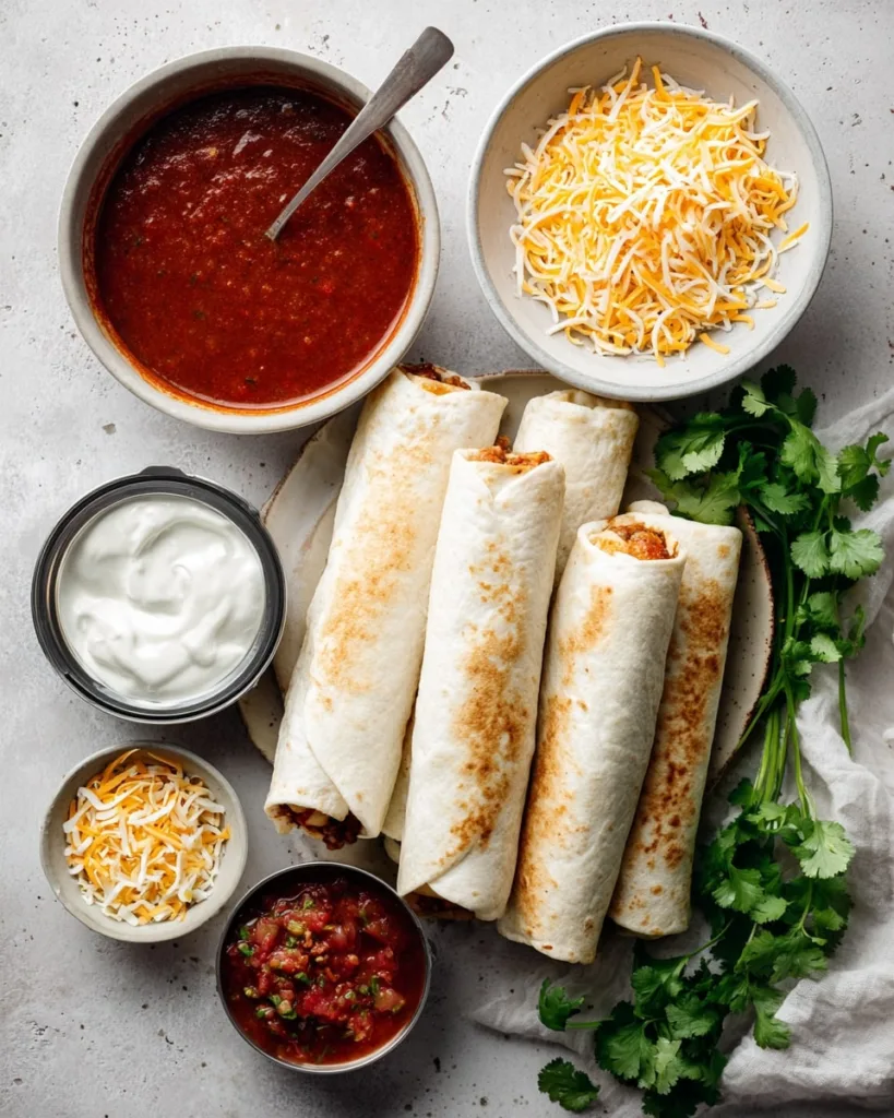 Ingredients for Frozen Burrito Casserole including frozen burritos, enchilada sauce, cheese, sour cream, salsa, and cilantro.