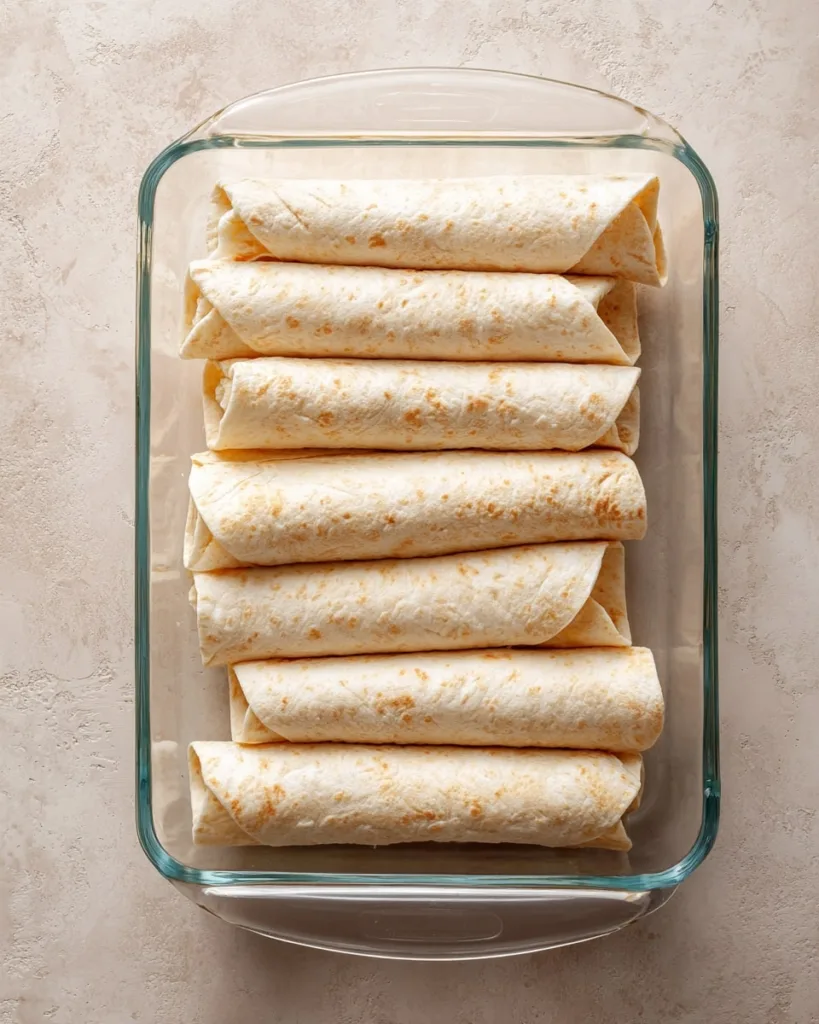 Frozen burritos arranged neatly in a baking dish for casserole preparation.
