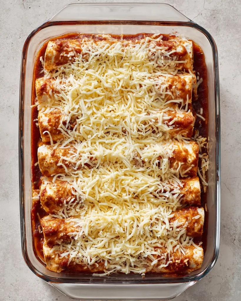 Frozen burritos covered with red enchilada sauce and shredded cheese in a baking dish.
