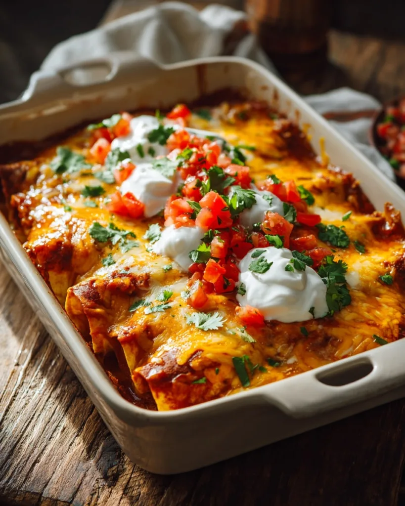 Freshly baked Frozen Burrito Casserole topped with sour cream, salsa, and cilantro in a ceramic dish.