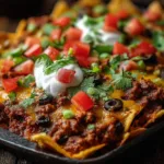 Crock Pot Taco Casserole topped with sour cream, tomatoes, olives, and fresh cilantro