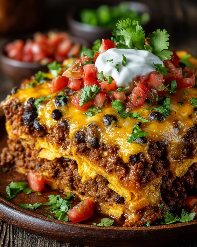Slice of Crock Pot Taco Casserole with layers of beef, beans, cheese, and tortilla chips