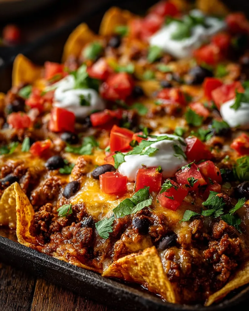 Overhead view of Crock Pot Taco Casserole with cheese, beef, and toppings