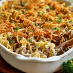French Onion Casserole with beef, egg noodles, and crispy fried onions in a white baking dish