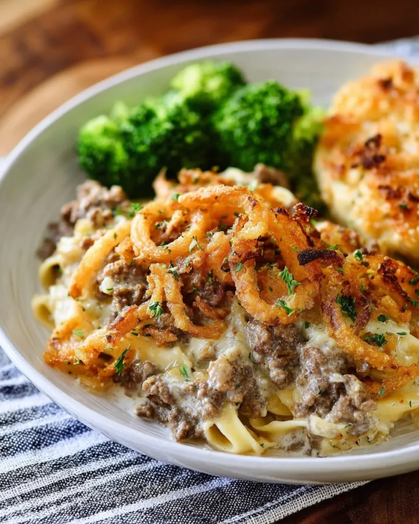 French Onion Beef Noodle Casserole served with broccoli and bread
