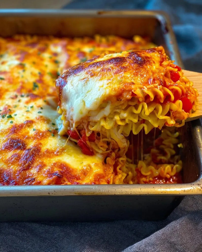 Slice of ramen noodle lasagna with layers of sauce, cheese, and noodles
