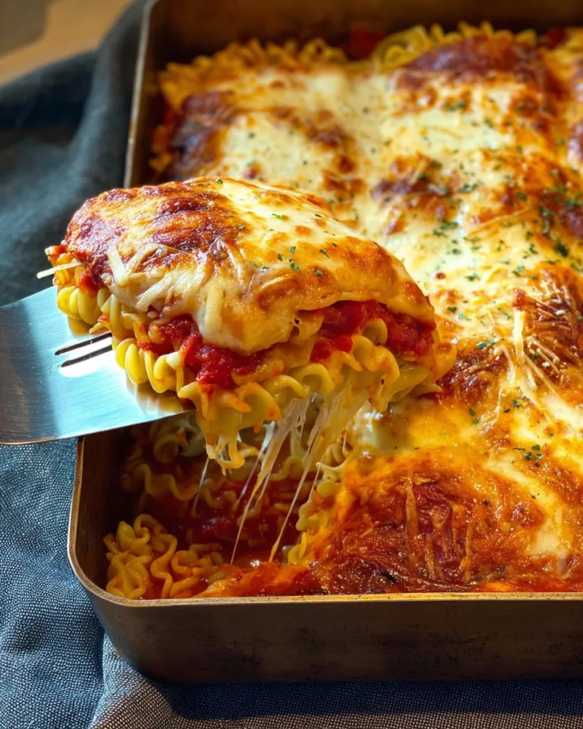 Ramen lasagna slice showing stretchy melted mozzarella and saucy layers
