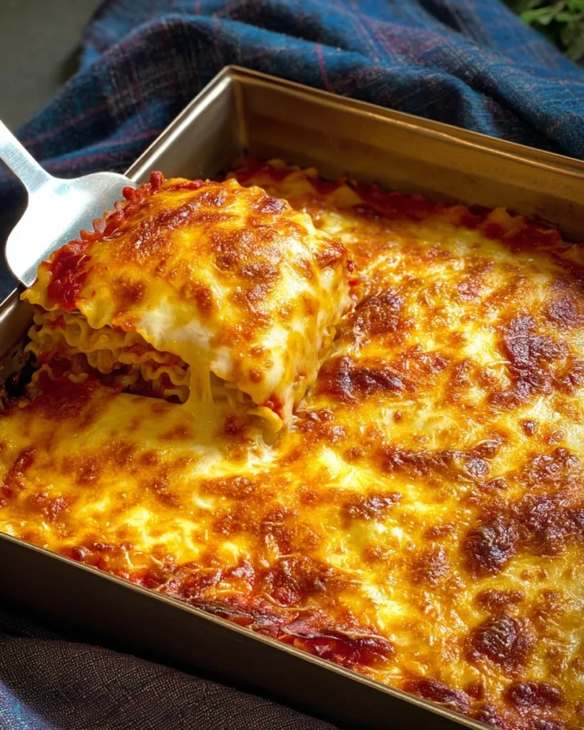 Crispy golden top of baked ramen lasagna in a square baking dish