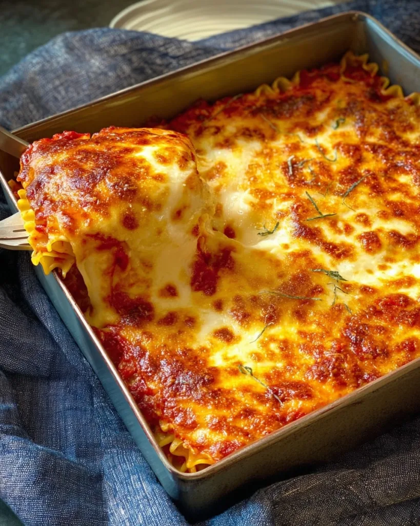 Freshly baked ramen lasagna with golden cheese and tomato sauce